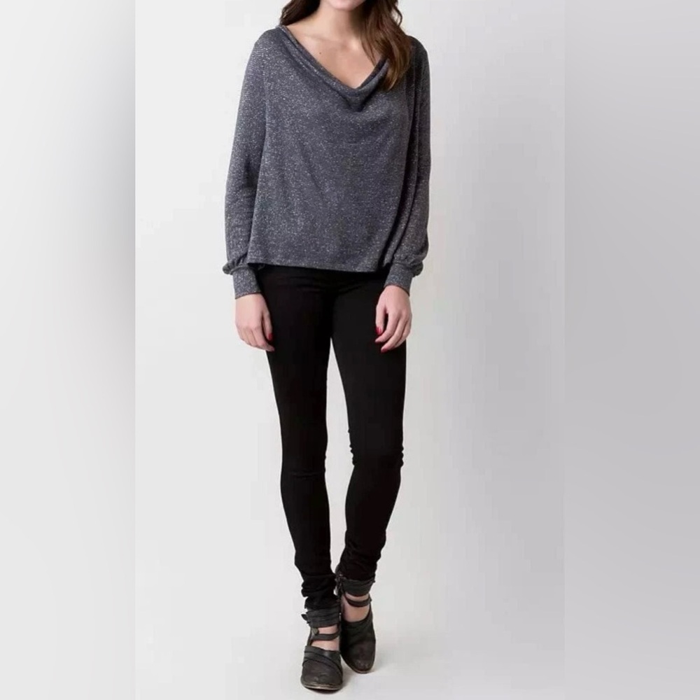 Free People Charcoal Gray and Silver Metallic Draped Neck Long Sleeve - Size XS